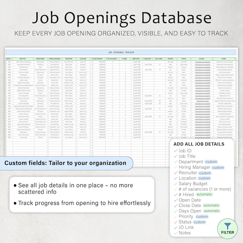 May include: A spreadsheet titled "Job Openings Database" with the text "KEEP EVERY JOB OPENING ORGANIZED, VISIBLE, AND EASY TO TRACK." Additional text includes "Custom fields: Tailor to your organisation" and "ADD ALL JOB DETAILS."