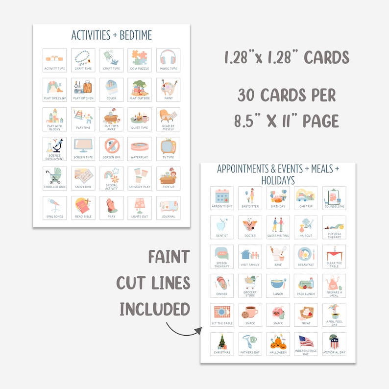 May include: Two printable pages of 1.28 inch by 1.28 inch cards. The first page features activities and bedtime routines for children, with illustrations of activities like playing dress up, reading a book, and playing with blocks. The second page features appointments, events, meals, and holidays, with illustrations of activities like going to the dentist, visiting family, and having lunch. The text "FAINT CUT LINES INCLUDED" is printed at the bottom of the first page.