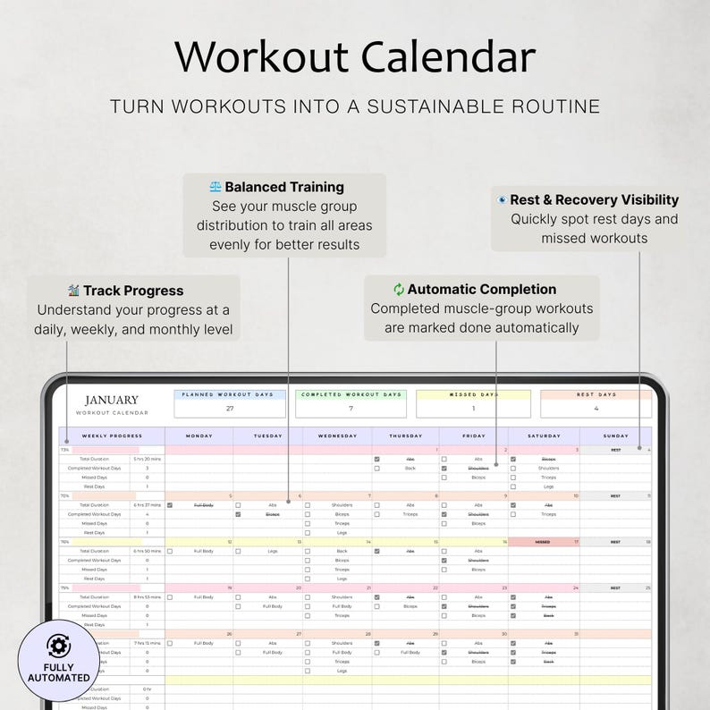 May include: A digital workout calendar displayed on a screen with the title Workout Calendar and the text Turn Workouts Into A Sustainable Routine. It features sections for Balanced Training, Track Progress, Automatic Completion, and Rest & Recovery Visibility.