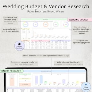 May include: A digital wedding budget and vendor research tool. The interface displays a wedding budget breakdown, vendor selection, and payment tracking features. Text includes "Wedding Budget & Vendor Research" and "Plan Smarter, Spend Wiser."