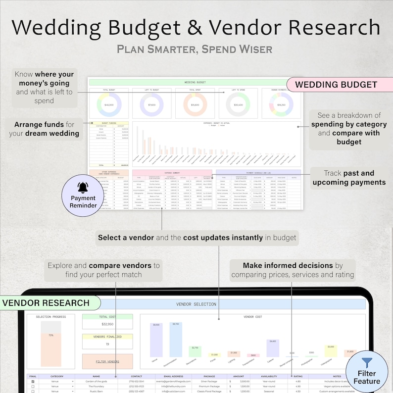 May include: A digital wedding budget and vendor research tool. The interface displays a wedding budget breakdown, vendor selection, and payment tracking features. Text includes "Wedding Budget & Vendor Research" and "Plan Smarter, Spend Wiser."
