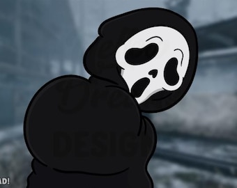 May include: Animated emote featuring a cartoon Ghostface character from Dead by Daylight. The character is depicted in a black hooded robe with a white mask. The image includes the text "Animated Emote" and "Dead By Daylight".