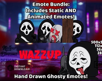 May include: Digital art featuring a collection of hand-drawn ghosty emotes. The image includes several variations of the ghost face, with the text "WAZZUP" in red. The bundle includes static and animated emotes, with size specifications.