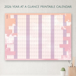 Peut inclure: Calendrier imprimable 2026, vue d'ensemble, avec un fond dégradé rose et pêche. La grille du calendrier est divisée en colonnes verticales lavande et blanches, avec l'année 2026 affichée en haut à gauche.