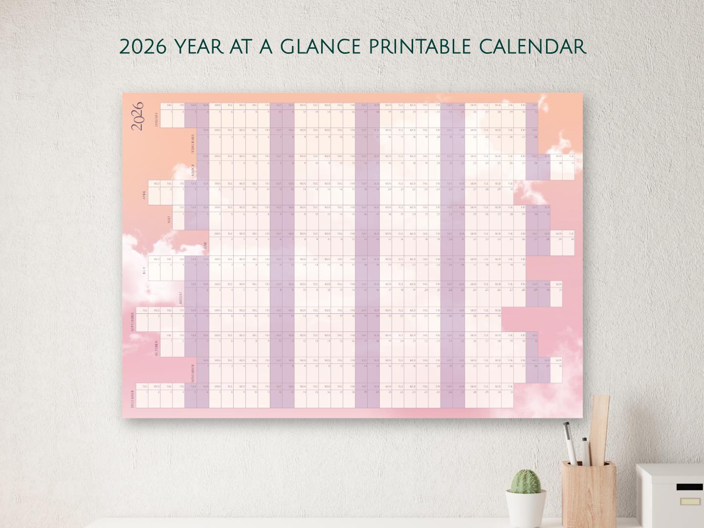 2026 Year at a Glance Dreamy Printable Wall Calendar | Aligned Weekends ...