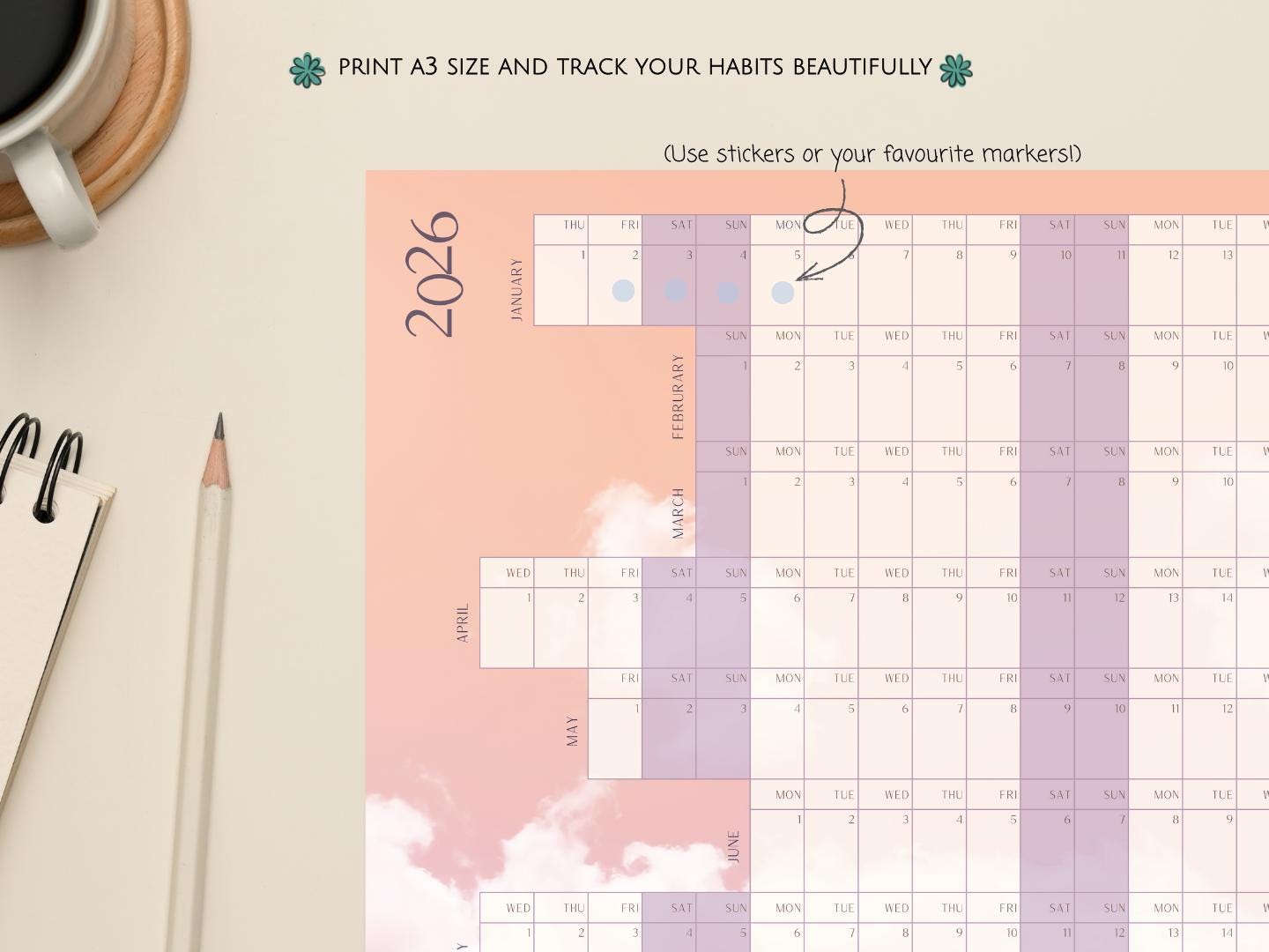 2026 Year at a Glance Dreamy Printable Wall Calendar | Aligned Weekends ...