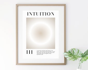 Könnte beinhalten: Ein gerahmter Druck mit beigefarbenem Hintergrund und einem Kreis in der Mitte. Der Text "INTUITION" befindet sich oben auf dem Druck. Die Zahl "111" befindet sich unten links. Der Text unter der Zahl lautet: "Ich vertraue meiner Intuition und höre auf mein Herz. Das Universum hat meinen Rücken. Ich vertraue darauf, dass das, was ich als Nächstes tue, mich auf den richtigen Weg und mein höchstes, authentischstes Selbst ausrichtet."