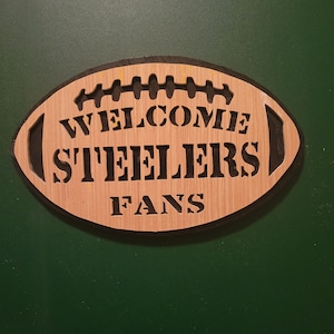 Welcome Steelers Fans Wooden Sign, Football Shaped Sign, Hand Cut Wooden Sign, Sports Fan Gift