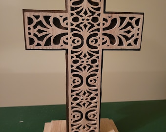 Handmade Wooden Cross with Stand | Intricate Scroll Saw Design