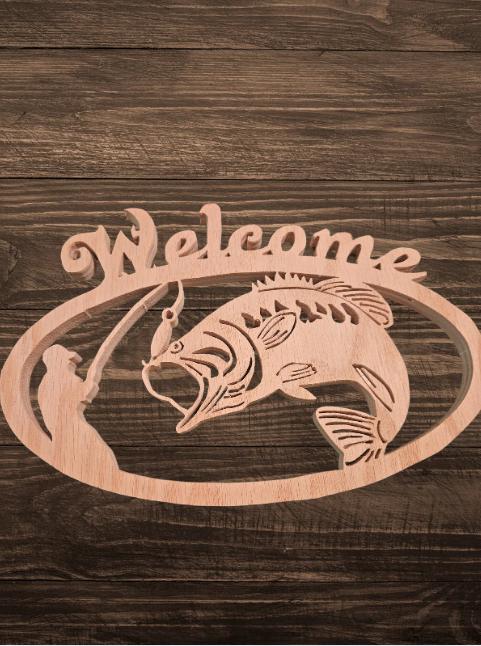 Wooden Welcome Sign With Bass Fish Design - Handcrafted Home Decor for ...