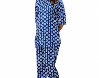 Blue Floral Cotton Pajama Set for Women, Soft Cotton Night Suit, Lounge Set, Women's Sleepwear, Relaxed Fit Pajamas, Summer Loungewear
