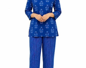 Women's Cotton Night Suit Set, Blue Pajama Set, Soft Sleepwear, Relaxed Fit Loungewear, Block Print Pajamas, Gift for Her