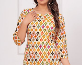 Hand Block Printed Cotton Kurti – Ethnic Floral Short Tunic Top