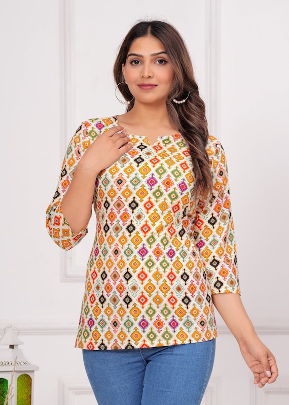 Hand Block Printed Cotton Kurti – Ethnic Floral Short Tunic Top