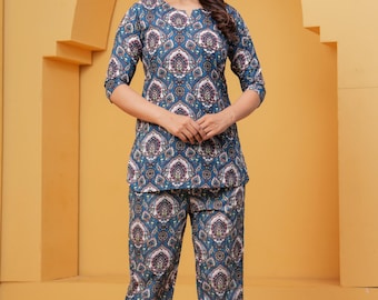 Women's Cotton Pajama Set, Printed Night Suit, Cotton Sleepwear Set, Floral Loungewear, Relaxed Fit Pajamas, Gift for Mom