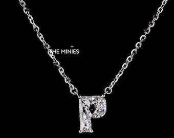 P Shape Lab Grown Diamond Pendant Necklace, Solitaire P Cut Diamond on 18&quot; Gold Chain, Jewelry for Her, Sparkling Diamond Gift Name Necklace