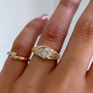 2.00 Carat East West Pear Moissanite Ring/ Pear Cut Moissanite Ring/ Bezel Set 14K Gold Wedding Ring/ Solitaire Engagement Ring/ Bridal Ring