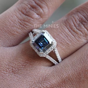 2.00 CT Asscher Shape Moissanite Ring/ Halo & Pave Set Diamond Ring/ 14K Solid Gold Ring/ Blue Moissanite Ring/ Anniversary Gift For Women