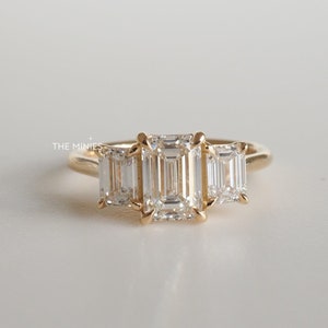 3.50 Carat Three Stone Moissanite Wedding Ring/ Emerald Cut Moissanite Ring/ Yellow Gold Engagement Ring/ Perfect Promise Ring For Women