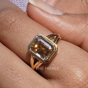 3.17 CT Emerald Cut Champagne Moissanite Ring/ Bezel Set Engagement Ring/ 14K Yellow Gold Wedding Ring/ Solitaire Diamond Ring/ Gift For Her