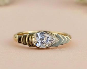 2.00 Carat East West Pear Moissanite Ring/ Pear Cut Moissanite Ring/ Bezel Set 14K Gold Wedding Ring/ Solitaire Engagement Ring/ Bridal Ring