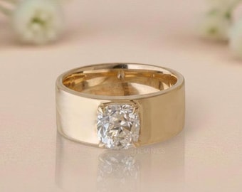 1.50 Carat Solitaire Cushion Cut Diamond Ring/ Wide Band Yellow Gold Ring/ Cushion Moissanite Wedding Band/ Anniversary Gift Ring For Her