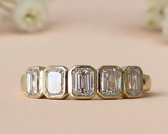 1.25 Carat Five Stone Moissanite Ring/ Bezel Set Wedding band/ Emerald Moissanite Ring/ Yellow Gold Engagement Ring/ Ring For Women