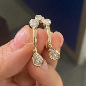 1.50 + 1.50 Carat Round & Pear Cut Moissanite Earring/ Dangle Drop Bezel Set Ring/ 18K Yellow Gold Wedding Earring/ Bridal Earring For Women