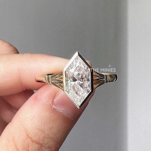 2.50 Carat Solitaire Bezel Set Moissanite Ring/ Marquise Cut Moissanite Engagement Ring/ Dutch Marquise Diamond/ 14K Yellow Gold Gift Ring