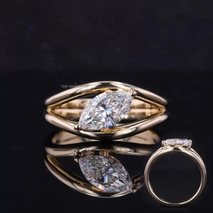 1.26 Carat Marquise Cut Moissanite Ring/ Solitaire Marquise Engagement Ring/ Double Band Diamond Gold Ring/ Anniversary Gift Ring For Women