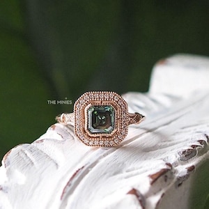 1.80 Carat Antique Green Moissanite Diamond Ring/ Asscher Cut Green Diamond Ring/ 14K Solid Gold Halo Set Diamond Ring/ Bridle Wedding  Ring