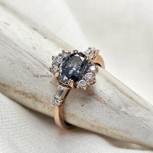 2.60 Carat Grey Moissanite Oval Cut Diamond Ring/ Pave & Cluster Set Diamond Ring/ 14K Rose Gold Engagement Ring/ Wedding Ring For Women