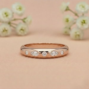 Diamond Ring 14k Solid Gold / Dome Gold Ring with Marquise and Round Diamonds Flush Setting / Statement Diamond Ring / Gift for Mom Idea