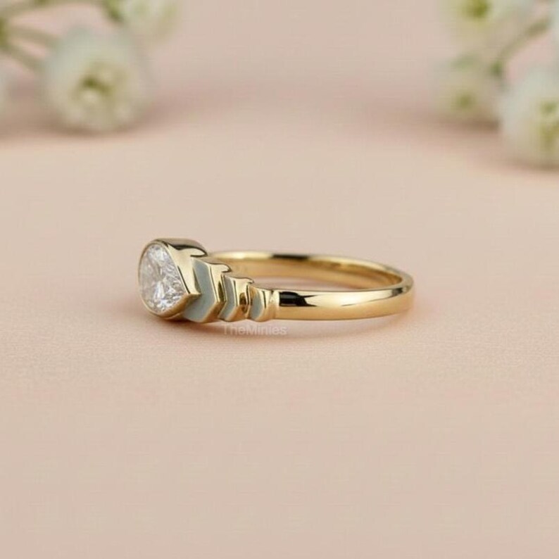 2.00 Carat East West Pear Moissanite Ring/ Pear Cut Moissanite Ring/ Bezel Set 14K Gold Wedding Ring/ Solitaire Engagement Ring/ Bridal Ring image 3