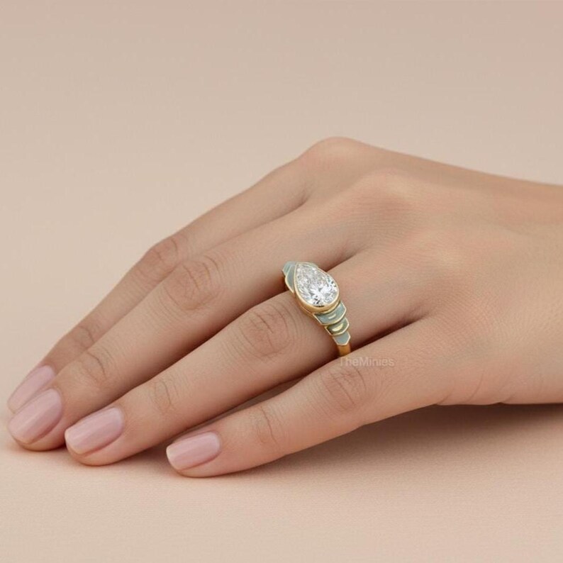 2.00 Carat East West Pear Moissanite Ring/ Pear Cut Moissanite Ring/ Bezel Set 14K Gold Wedding Ring/ Solitaire Engagement Ring/ Bridal Ring image 2