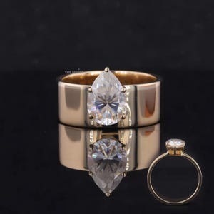 2 Carat Pear Cut Moissanite Diamond Ring/ Wide Band Yellow Gold Ring/ Pear Moissanite Wedding Band/ Solitaire Engagement Ring/ Women&#39;s Ring