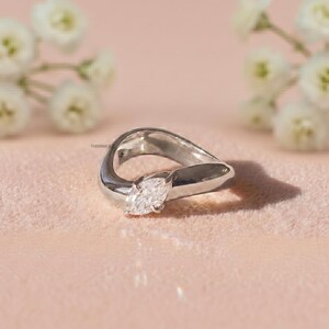 Marquise Moissanite Engagement Ring: Solid Gold Wave Band, Modern Solitaire Ring, East West Ring, Stackable Band Ring, Wedding Band For Her