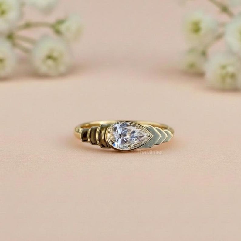 2.00 Carat East West Pear Moissanite Ring/ Pear Cut Moissanite Ring/ Bezel Set 14K Gold Wedding Ring/ Solitaire Engagement Ring/ Bridal Ring image 1