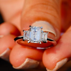 2.03 CT Lab Grown Diamond Ring/ Three Stone Engagement Ring/ Emerald Shape Diamond Wedding Ring/ 14K Solid White Gold Ring/ Promise Ring