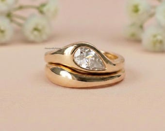 Tear Drop Ring Set, 9X6 mm Pear Cut Colorless Moissanite Set In Flush Set East To West Setting, Domed Ring & Band Curved To Fit Together