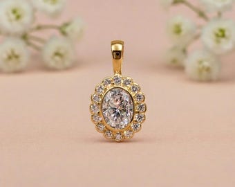 Oval Halo Moissanite Pendant Bezel Set Moissanite Charm Oval Cut Moissanite Diamond Pendant Woman 14k Yellow Gold Anniversary Gift For Her