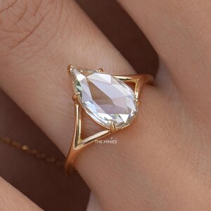 3.00 Carat Pear Cut Moissanite Engagement Ring/ Rose Cut Solitaire Diamond Ring/ Yellow Gold Split Band Ring/ Bridal Wedding Ring/ Gift Ring