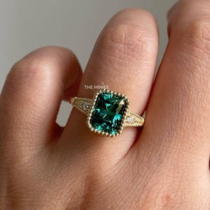 2.50 Carat Green Radiant Cut Moissanite Ring/ Bezel Set Diamond Engagement Ring/ Radiant Moissanite Ring/ Yellow Gold Wedding Ring For Bride