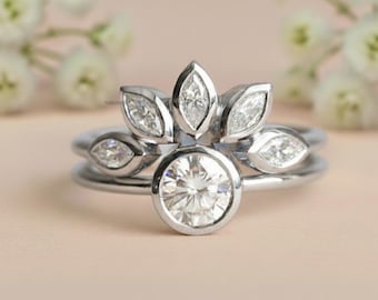 Floral Wedding Ring Set with Petal Crown Band, 1.5Ct Round Cut Moissanite, 14K Yellow Gold Solitaire Ring Set, Bezel Set Engagement Ring Set