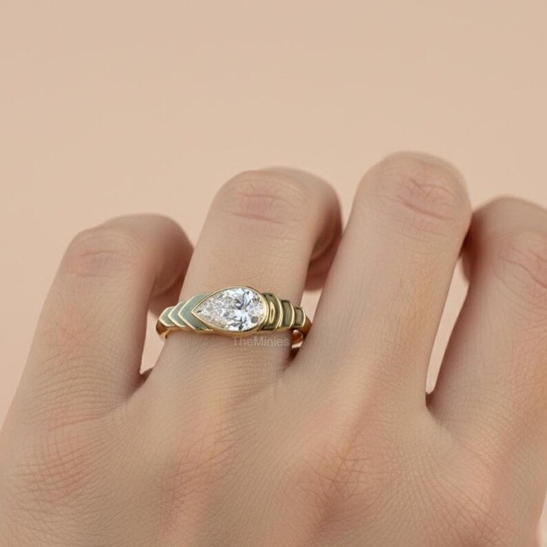 2.00 Carat East West Pear Moissanite Ring/ Pear Cut Moissanite Ring/ Bezel Set 14K Gold Wedding Ring/ Solitaire Engagement Ring/ Bridal Ring image 4