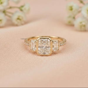 4.20 CTW Radiant Cut Moissanite Engagement Ring Three Stone Bezel Set Wedding Ring 3 Stone Stackable Anniversary Ring Promise Ring For Her