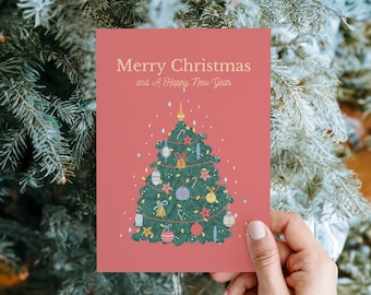 Happy Christmas and New Year Card Pink Greeting Card Holiday Postcard for Digital Download 5x7