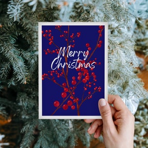 Cartão do Feliz Natal das bagas do azevinho de <br> Entrega Rápida? Cartão postal digital elegante para download 5x7