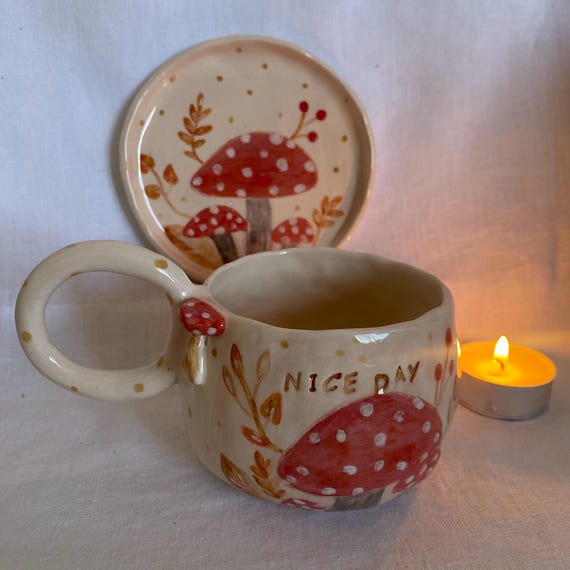 Handmade Ceramic Mushroom Mug – Cottagecore Red Pottery Cup – Hand Painted Boho Coffee Tea Mug for Nature Lovers