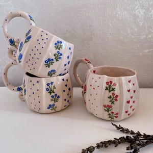 Hand-painted Rustic Coffee Cup, Handmade Blue Floral Ceramic Tea Mug